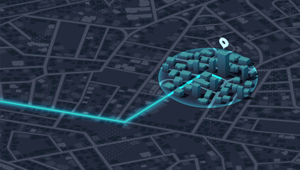 Fototapeta premium We moved. 3D navigation map with route and location pin. Isometric city map with navigation route to new delivery redirection. Communication about moving, relocation announcement. Vector illustration