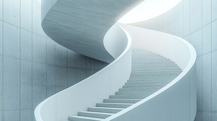 Light-filled, spiral staircase in a minimalist, light-blue concrete space