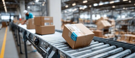 Fototapeta premium Efficient parcel delivery through roller conveyor systems in a modern warehouse logistics environment