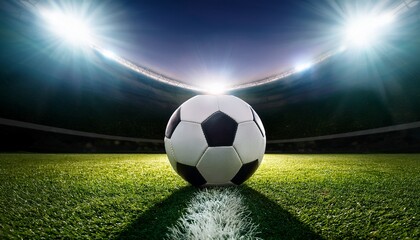 soccer ball on grass at a stadium under bright lights