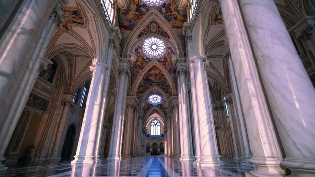 Magnificent cathedral nave displays gothic architecture with soaring columns reaching toward heaven creating spiritual vertical space for worship