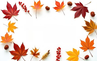Autumn composition. Dried leaves, flowers, rowan berries on white background. Autumn, fall, thanksgiving day concept. Flat lay, top view, copy space. High quality