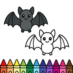 Cute cartoon bat coloring page featuring two versions: one filled with dark shades and the other outlined for kids to color. Perfect for Halloween activities, creative play, and educational fun.