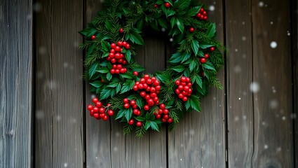 Naklejka premium A christmas wreath with red berries hanging on a rustic wooden door with snow falling gently around it