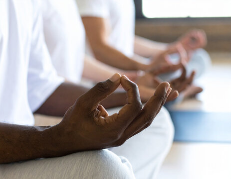 Group Meditation: Close-up of Hands in Gyan Mudra, White Clothing