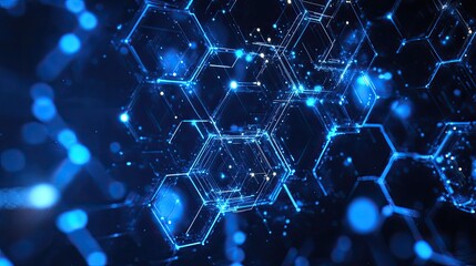 A futuristic abstract background featuring interconnected blue hexagons and glowing light particles on dark backdrop