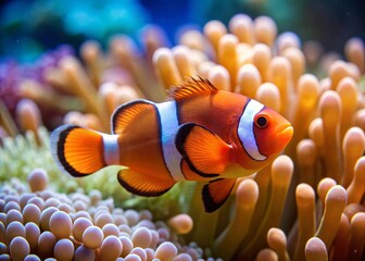 A Vibrant Orange Clownfish Swims Gracefully Amidst the Tentacles of a Lush Sea Anemone in a Tropical Coral Reef Ecosystem Providing a Safe Haven