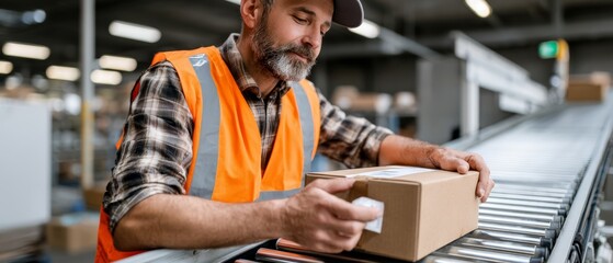 Warehouse worker scanning barcode on parcel atop conveyor in logistic environment with roller system