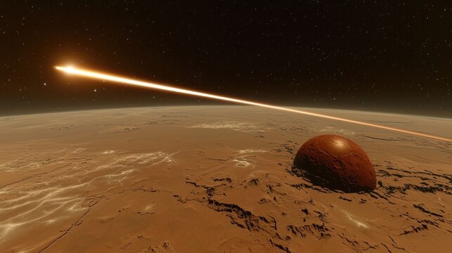 Martian landscape, bright light streaks across the sky