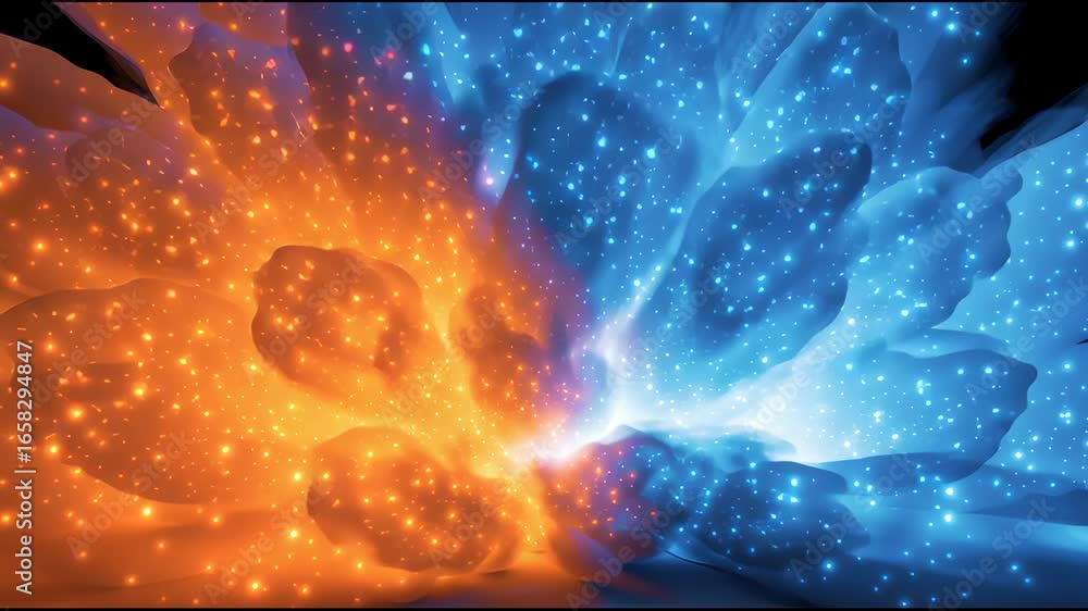 Poster dynamic explosion of orange and blue energy in a dark background during a creative visualization pro