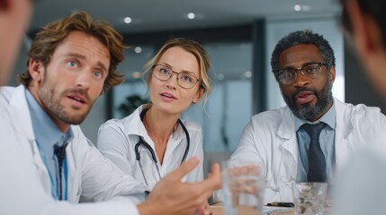 Three diverse medical professionals in white coats engaged in animated discussion during hospital meeting with modern healthcare facility background