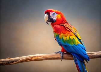 Obraz premium A vibrant scarlet macaw perched on a weathered branch showcasing its stunning colorful plumage against a soft blurred background in natural light