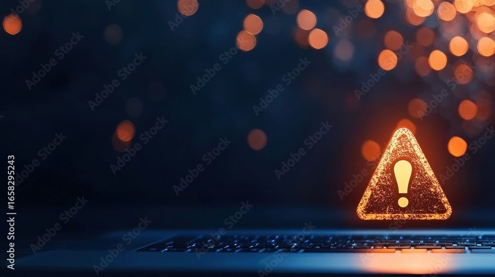 Poster security risk vulnerability warning sign with an exclamation mark on a computer screen, dark backgro