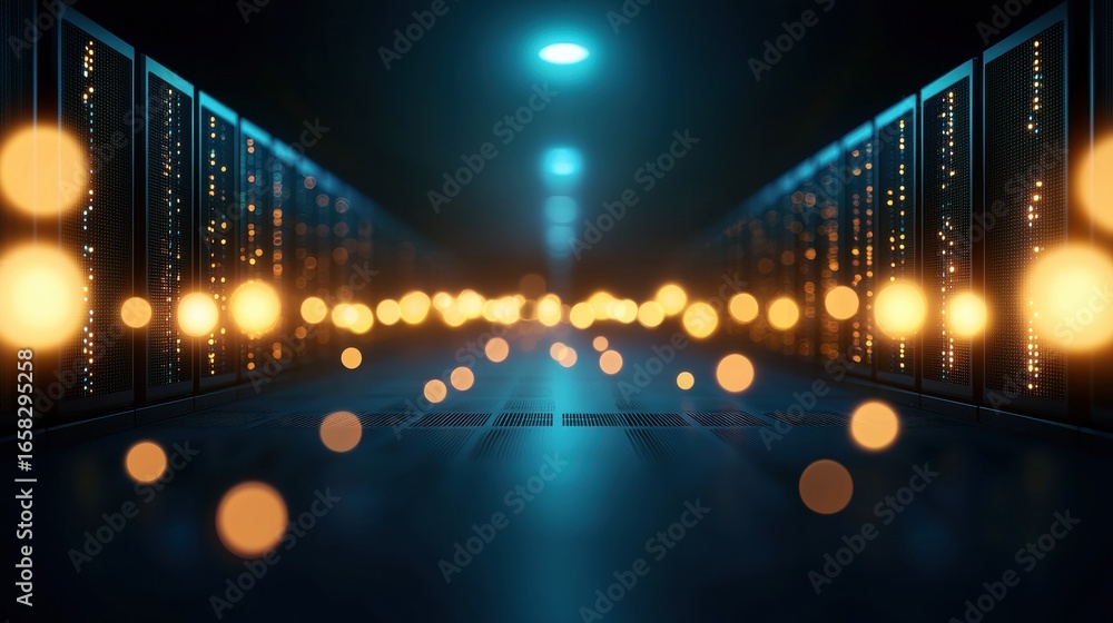 Poster security risk data server room with rows of servers and blinking lights, dark background, representi