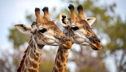 Obraz premium Two giraffes face to face in a savanna