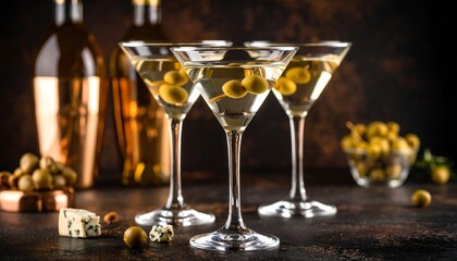 Three martini glasses filled with a clear liquid, garnished with olives