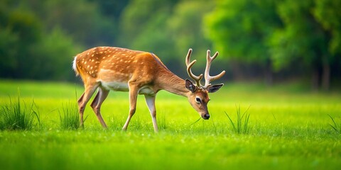 Majestic Fallow Deer Buck Grazing in a Lush Green Meadow on a Sunny Spring Day