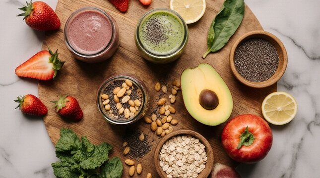 Healthy lifestyle flat lay with smoothies, fruits, vegetables, nuts, and superfoods on a clean background. Minimalistic composition with natural light, ideal for wellness, sports nutrition, and eco-fr