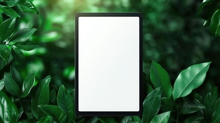 mockup visual Blank tablet screen with a nature background, outdoor setting, perfect for showcasing travel apps and photography