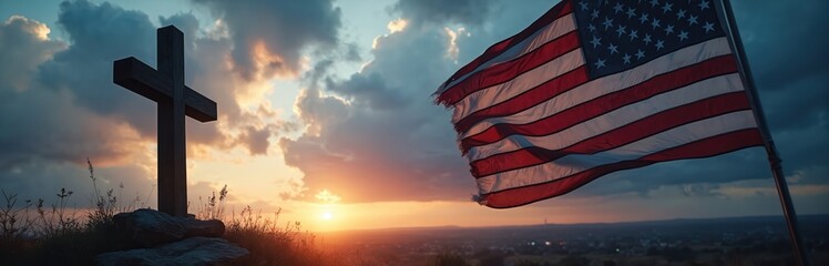 Christian cross and American flag against a dramatic sunset sky. Symbolizes religious freedom and patriotism in USA. Represents faith, national pride, and liberty on holidays like July 4th.