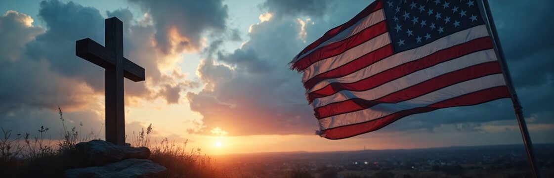 Christian cross and American flag against a dramatic sunset sky. Symbolizes religious freedom and patriotism in USA. Represents faith, national pride, and liberty on holidays like July 4th. - Powered by Adobe