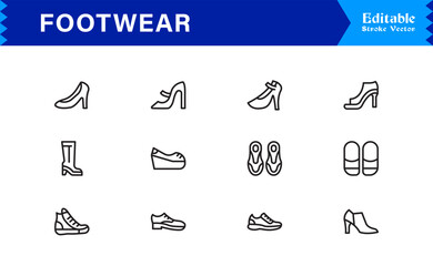Outline Shoe and Footwear Icons – Minimal Linear Style Sneakers, Boots, Casual Shoes, Heels, Sport Footwear Vector Set for Fashion, Web Design and Retail Branding