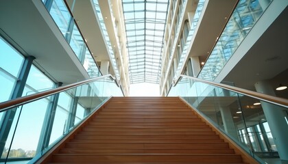 Wooden staircase ascends through bright, modern office building with glass walls, ceiling. Sunlight streams into open space, creating clean, sleek, minimalist interior. Geometric design, symmetry of