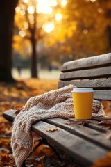 Autumn park bench with cozy blanket and coffee cup surrounded by golden leaves in warm evening light