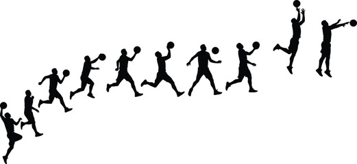 Basketball silhouettes, jump shot, running, jumping, shooting, athletic motion, sports training, vector art, active people, dynamic posture, game play, hoop, competitive sport, physical fitness,
