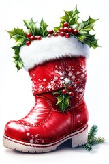 Christmas red boot with holly leaves and berries festive decoration symbol of holiday winter celebration