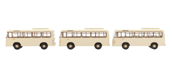 Pixel Art Illustration Of Three Beige Passenger Buses On Transparent Background