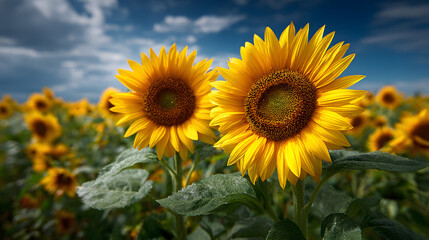 sunflower, flower, yellow, summer, nature, field, sky, sun, green, blue, agriculture, plant, sunflowers, bright, leaf, blossom, beauty, flora, petal, beautiful, color, blooming, spring, flowers, growt