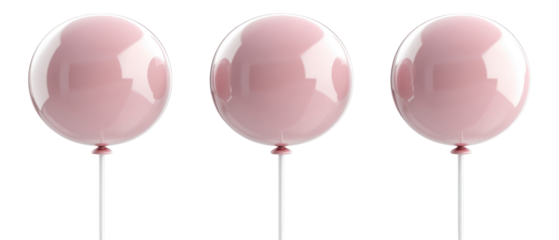 Three Pink Balloons Floating Against Transparent Background With Shiny Surfaces and Attached Ribbons
