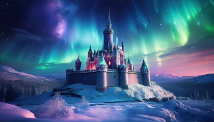 majestic frozen castle under ethereal aurora lights in a starry night