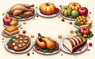 Thanksgiving day top view vector illustration. Food hand drawn sketch. Festive dinner with turkey and potato, apple pie, vegetables, fruits and berries. Autumn food sketch. Engraved image.