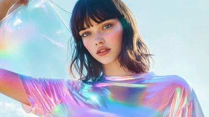 Young woman in shiny holographic shirt under sunlight with rainbow reflection fashion portrait style