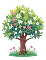 Fototapeta premium cartoon of a tree with flowers blooming, isolated on white background