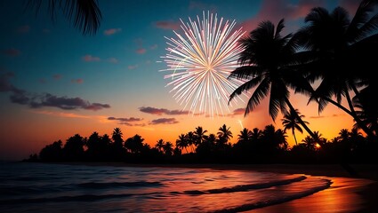 Fireworks over a beach at sunset with palm trees silhouettes and colorful sky in the background