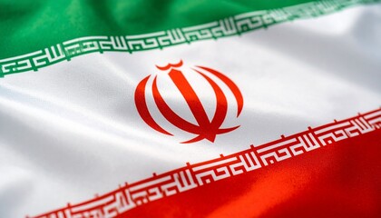"Iranian flag with green, white, and red horizontal stripes, central tulip-shaped emblem of Allah, and Kufic script repeating 'Allah Akbar' along the borders."