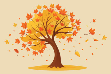 Autumn tree illustration featuring vibrant orange and yellow leaves blowing in a gentle wind on beige background.