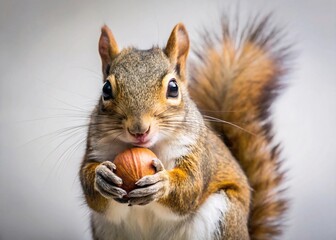 An Adorable Red Squirrel Holding a Nut with its Paws Against a Light Gray Background in a Close-Up Studio Portrait