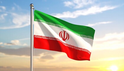 Iranian national flag flying against a warm, partly cloudy sky, featuring green, white, and red stripes, tulip-shaped emblem of Allah, and Kufic script repeating 'Allahu Akbar'."