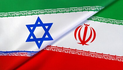"Diagonal split image of Israeli and Iranian flags side by side, symbolizing national identity and geopolitical tension."