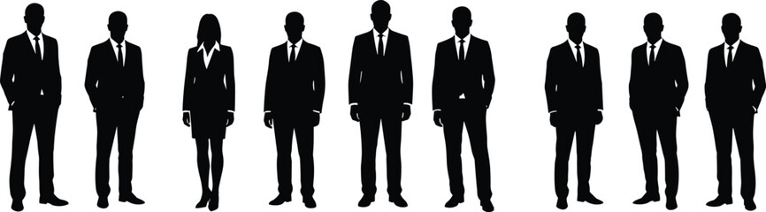 Business team silhouettes, corporate professionals, formal attire, suits and skirt, office staff, leadership, career, diversity, teamwork, success