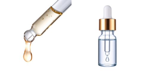 Essential Cosmetic Serums In Glass Dropper Bottles With Transparent Background Featuring Gold Accents