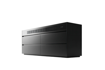 Dark gray, rectangular audio device with multiple compartments