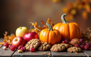 Autumn still life with pumpkins, apples, berries, nuts and cookies. Thanksgiving background. High quality