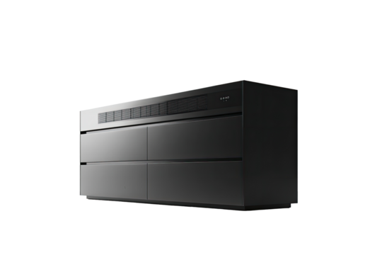 Dark gray, rectangular audio device with multiple compartments