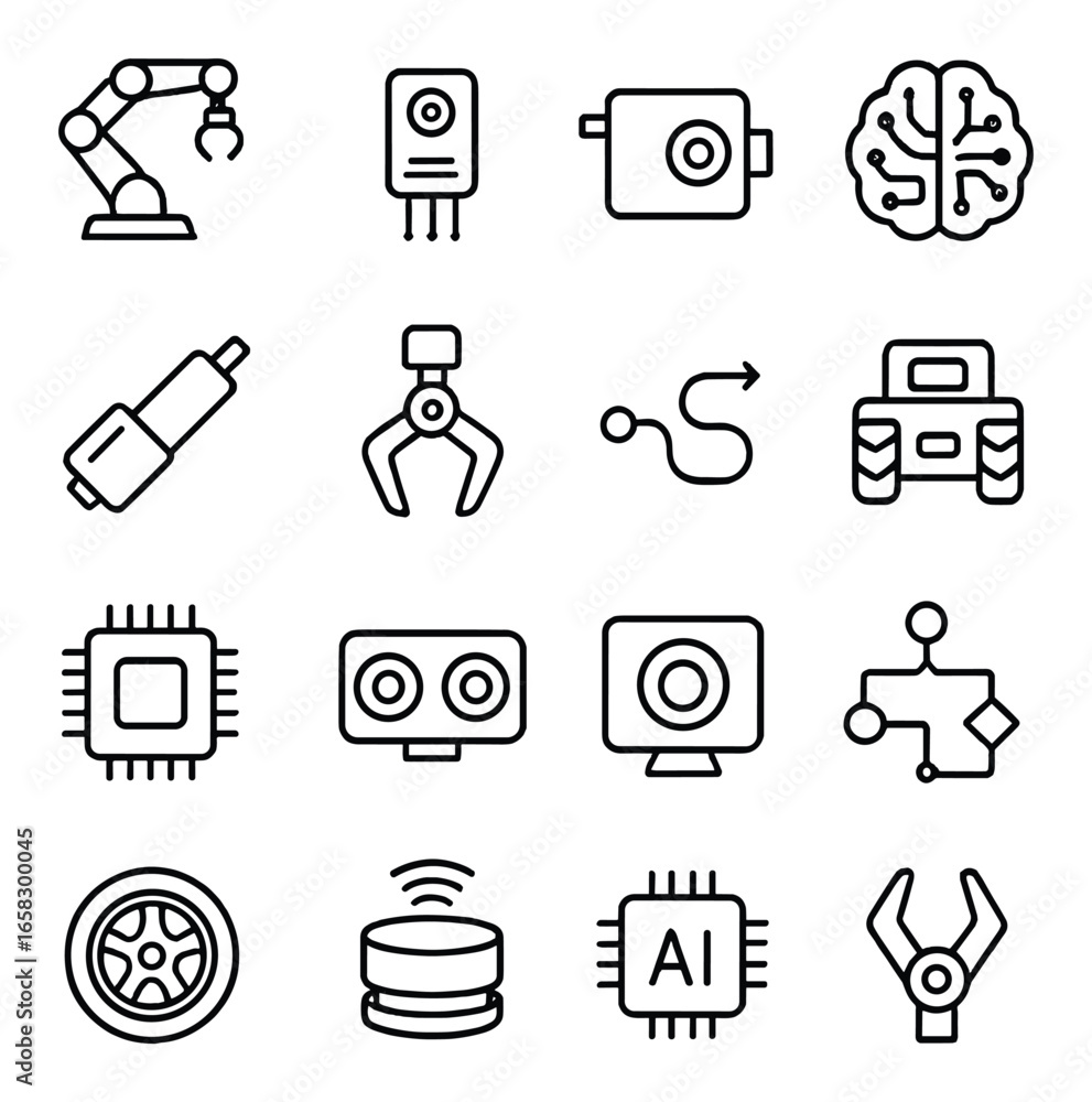Poster linear technology icon set with robot arm, sensor, camera, ai, circuit, chip, and automation symbols