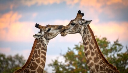 Obraz premium Two giraffes gently touching noses at sunset